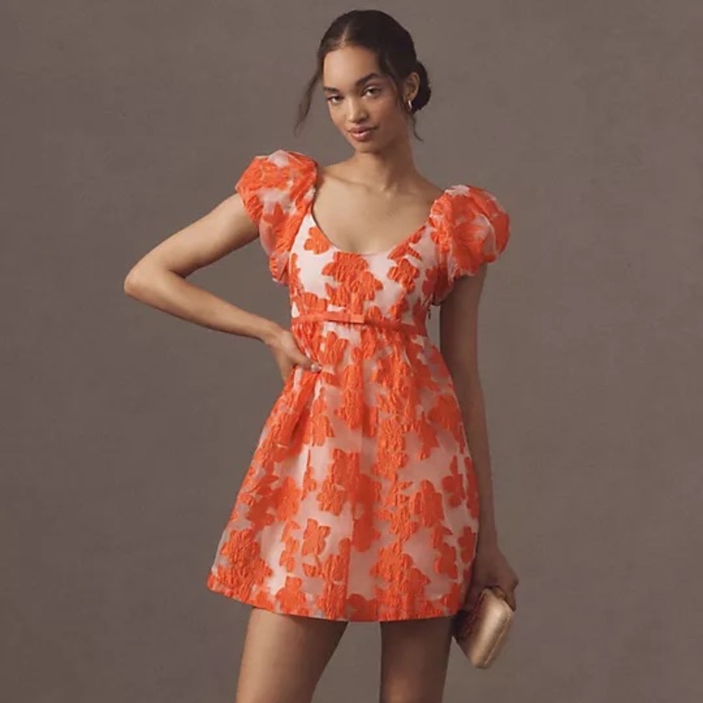 NWT By Anthropologie Puff-Sleeve Scoop-Neck Babydoll Mini Dress Sz L - Picture 8 of 14